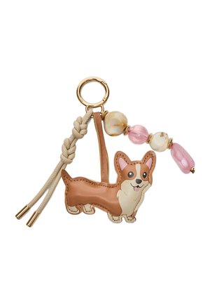 Breloczek z figurką uśmiechniętego corgi, beżowym plecionym skórzanym paskiem oraz ozdobnymi koralikami w różowo-beżowy marmurkowy wzór, przymocowanymi do złotego pierścienia.