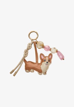 Porte-clés avec une figurine de corgi souriant, une lanière en cuir tressé beige et des perles décoratives rose et beige à effet marbre attachées à un anneau en or.