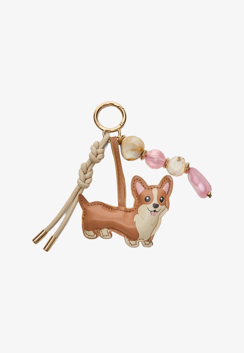 Schlüsselanhänger mit einer lächelnden Corgi-Figur, einem beigen geflochtenen Lederband und dekorativen rosa und beigen marmorähnlichen Perlen, die an einem goldenen Ring befestigt sind.