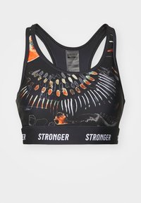 Reggiseno sportivo nero con un design ispirato all'acqua dai colori vivaci, caratterizzato da una banda stretta con la scritta "STRONGER" stampata in bianco. Tessuto testurizzato con uno stile a racerback.