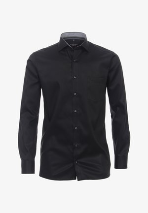 Zwarte lange mouwen shirt van gladde stof, met een puntige kraag, een borstzak en een contrasterende patroon aan de binnenkant van de kraag.