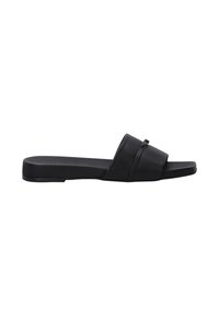 Schwarze Flip-Flops mit flacher Sohle, breitem Riemendesign und einem dezenten, geprägten Detail im Obermaterial für zusätzliche Textur.