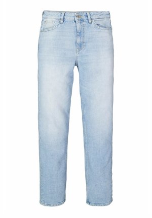 Hellblaue Jeans aus Denim mit geradem Bein, klassischem Fünf-Taschen-Design und Knopfverschluss an der Taille.