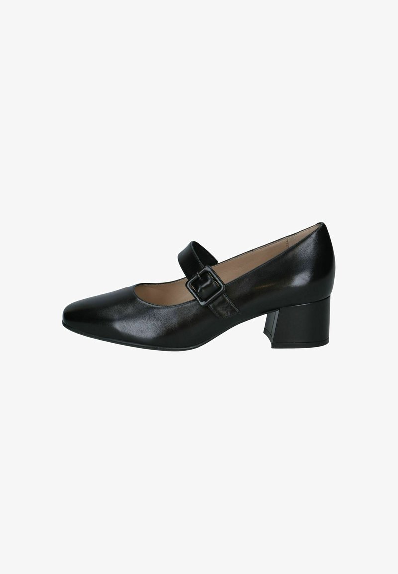 Chaussure Mary Jane en cuir noir avec un bout carré, une bride ajustable avec boucle et un talon bloc bas et épais.