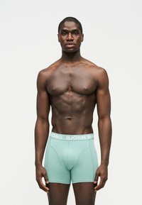 Κοντός άνδρας μοντέλο με σκουρόχρωμο δέρμα που στέκεται, φορώντας ανοιχτό πράσινο μποξεράκι με λευκή ζώνη μέσης «BJÖRN BORG» σε απλό λευκό φόντο.