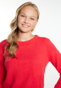 Rode gebreide trui met een zachte, pluizige textuur, ronde halslijn en lange mouwen. Model glimlacht terwijl ze poseert met één hand op haar heup.