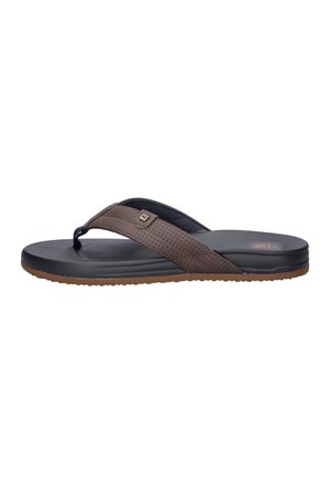 Brown and black flip-flop sandal with a wide perforated strap and textured sole, shown in profile on a white background.