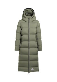 Manteau rembourré vert avec capuche, motif matelassé horizontal, fermeture éclair et poches latérales. Fabriqué en matériau texturé et résistant à l'eau.