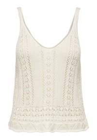Top in maglia bianco con scollatura a V profonda e motivi di pizzo intricati. Caratterizzato da una finitura testurizzata e un orlo scallop.