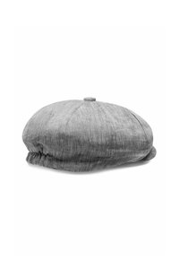 Gray linen cap with a rounded shape, gathered at the back, featuring a small top button and subtle texture.