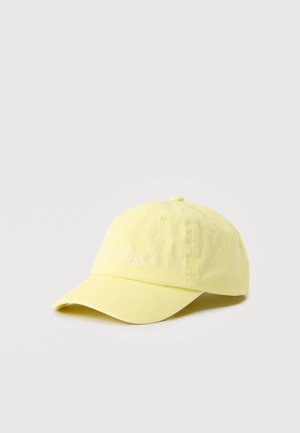 Yellow cotton baseball cap with curved brim and white embroidered text and small sun graphic on front panel.
