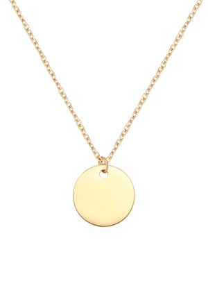 Collier en chaîne dorée avec un pendentif rond lisse présentant un petit trou en haut, suspendu à une chaîne en maillons ovales.