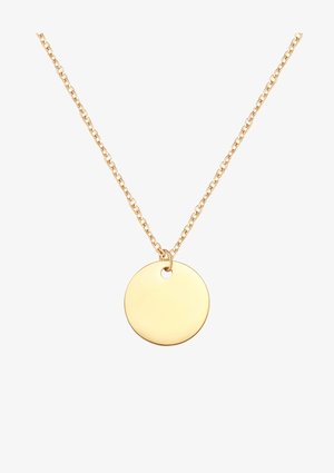 Collar de cadena de oro que presenta un pendant redondo y suave con un pequeño agujero en la parte superior, suspendido de una cadena de eslabones ovalados.