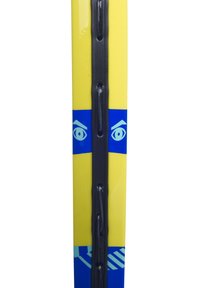 Gelbe und blaue Skier mit glänzender Oberfläche, ausgestattet mit einer schwarzen Bindung und grafischen Akzenten, darunter stilisierte Augendesigns.