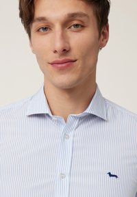 Camisa de botones a rayas azul claro con cuello blanco, que presenta un pequeño detalle bordado en el lado izquierdo del pecho. Textura de tejido suave.
