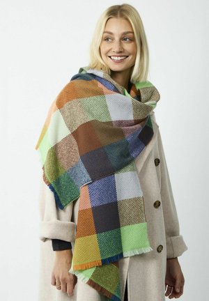 Bunter karierten Schal in einer Mischung aus grünen, blauen, braunen und orangefarbenen Tönen, aus weichem gewebten Material mit fransigen Kanten.