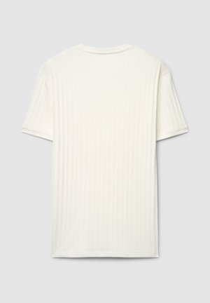 White ribbed short-sleeve t-shirt featuring a crew neckline and a subtly textured fabric, with a straight hem and no visible graphics.