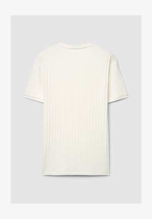 Weißes, geripptes T-Shirt mit kurzen Ärmeln, Rundhalsausschnitt und dezent strukturierter Stoffoberfläche, mit geradem Saum und ohne sichtbare Grafiken.