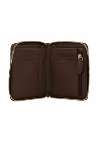 Brown leather wallet with gold zipper, featuring multiple card slots, a zippered coin pocket, and a smooth textured interior.