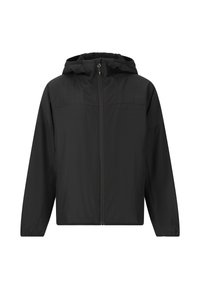 Svart lättviktig jacka med frontdragkedja, justerbar huva och en slät textur. Har elastiska mudd och en minimalistisk design.