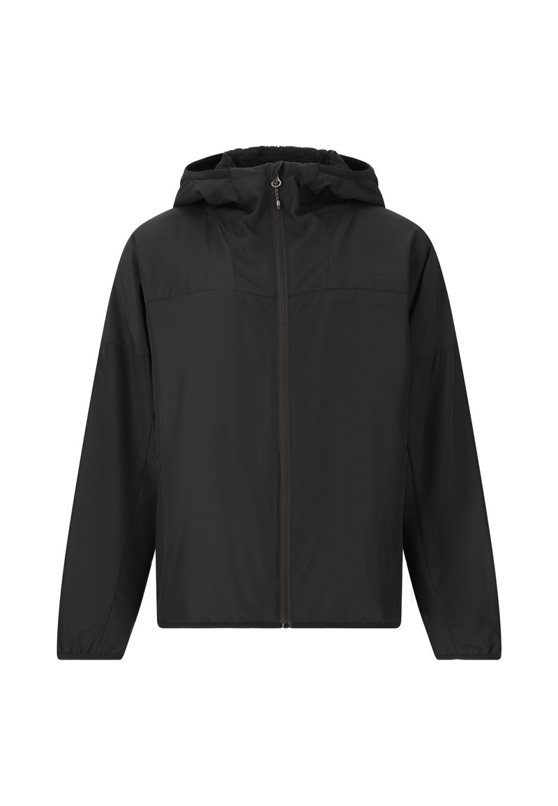 Svart lättviktig jacka med frontdragkedja, justerbar huva och en slät textur. Har elastiska mudd och en minimalistisk design.