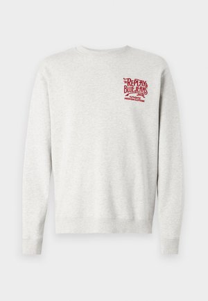 Šedá bavlněná mikina s žebrovanými manžetami a lemem, s červeným potiskem loga na hrudi. Klasický design s kulatým výstřihem.