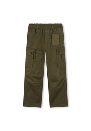 Pantalons cargo vert olive avec une ceinture élastique, deux poches latérales et deux poches à rabat à l'avant. Fabriqués en tissu durable avec une texture lisse.