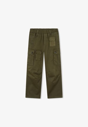 Pantaloni cargo verde oliva con vita elasticizzata, due tasche laterali e due tasche anteriori con pattina. Realizzati in un tessuto resistente con una texture liscia.