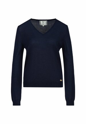 Marineblauwe V-hals trui met lange mouwen, aansluitende manchetten en klein gouden logo dicht bij de onderzoom.