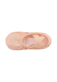 Blassrosa Ballettschuhe mit weichem Obermaterial aus Stoff, elastischen Kreuzriemen und runder Zehenpartie. Verfügt über geraffte Seiten für einen sicheren Sitz und Flexibilität.