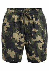 Men's casual shorts with green, brown, and black camouflage pattern, elastic waistband, and drawstring tie at front.
