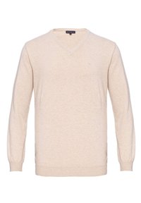 Beżowy sweter dzianinowy z dekoltem w kształcie litery V, długimi rękawami, ściągaczami przy mankietach i u dołu, z małym logo na lewej piersi. Miękka tekstura.