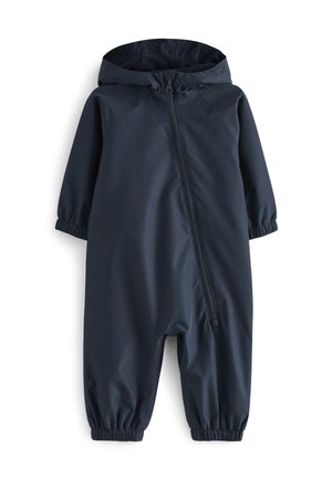 Combinaison bébé une pièce bleu marine à capuche, avec poignets élastiques et fermeture éclair asymétrique à l'avant.