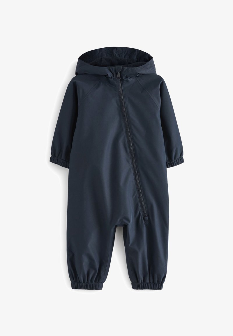 Combinaison bébé une pièce bleu marine à capuche, avec poignets élastiques et fermeture éclair asymétrique à l'avant.