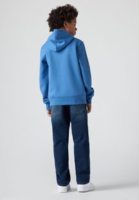 Zila kapucēta džemperis un tumši zili džinsi. Džemperim ir kangarū kāja un ribota piegriezne. Baltas sporta kurpes noslēdz apģērbu.