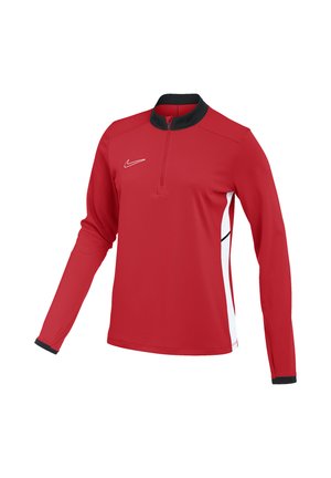 Top de sport rouge à manches longues avec col zippé noir, poignets noirs, panneaux latéraux blancs et un logo Nike blanc sur la poitrine.