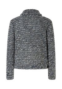Strukturierte graue Strickjacke mit Kragen, ausgestattet mit einem mehrfarbigen Muster und langen Ärmeln. Die Rückansicht zeigt die gleichmäßigen Nähte und die Form.