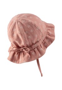 Cappello a secchiello in cotone rosa pallido con bordo arricciato, motivo floreale bianco e legatura regolabile sul retro per una vestibilità sicura.