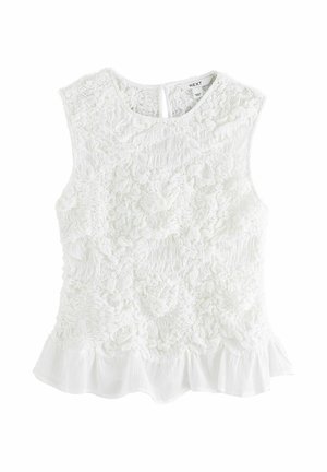 Sleeveless white blouse with textured floral patterns, round neckline, keyhole back, and a ruffled hemline.