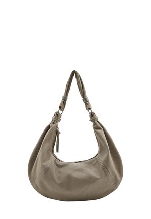 Sac hobo en cuir taupe doux, présentant une forme arrondie, une bandoulière nouée et des accents de quincaillerie argentée. Texture lisse, sans motifs.