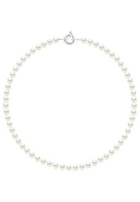 Collier en perles blanches de forme ronde, composé de perles uniformes et d'un fermoir argenté. Texture lisse et surface brillante.