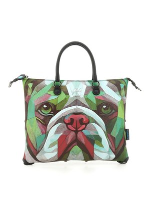 Borsa colorata con un design geometrico di bulldog in verde, rosso e marrone; dotata di manici neri e chiusura con cerniera.