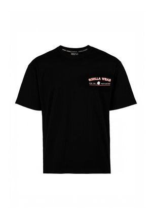 Schwarzes kurzärmeliges Rundhals-T-Shirt mit kleinem roten und weißen "Gorilla Wear For the Motivated" Logo auf der linken Brust.