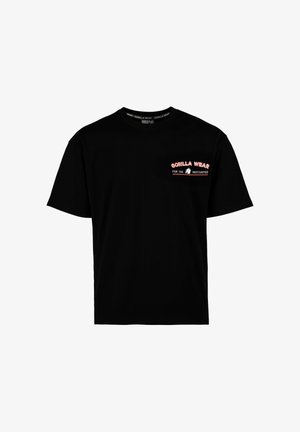Schwarzes kurzärmeliges Rundhals-T-Shirt mit kleinem roten und weißen "Gorilla Wear For the Motivated" Logo auf der linken Brust.