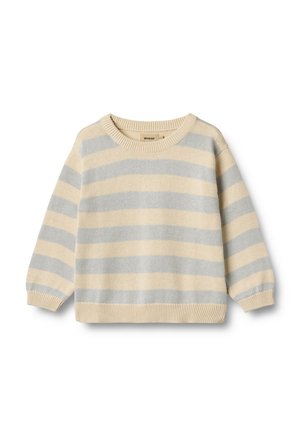 Pull en maille rayé beige et bleu clair avec un col rond, des poignets et un ourlet côtelés, présentant une texture douce et une coupe décontractée.