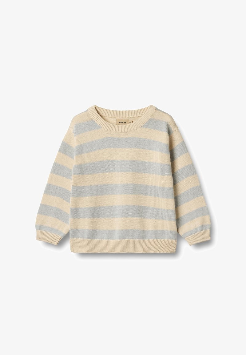 Maglione a righe beige e azzurro chiaro lavorato a maglia, con scollatura rotonda, polsini e orlo a costine, caratterizzato da una consistenza morbida e una vestibilità rilassata.