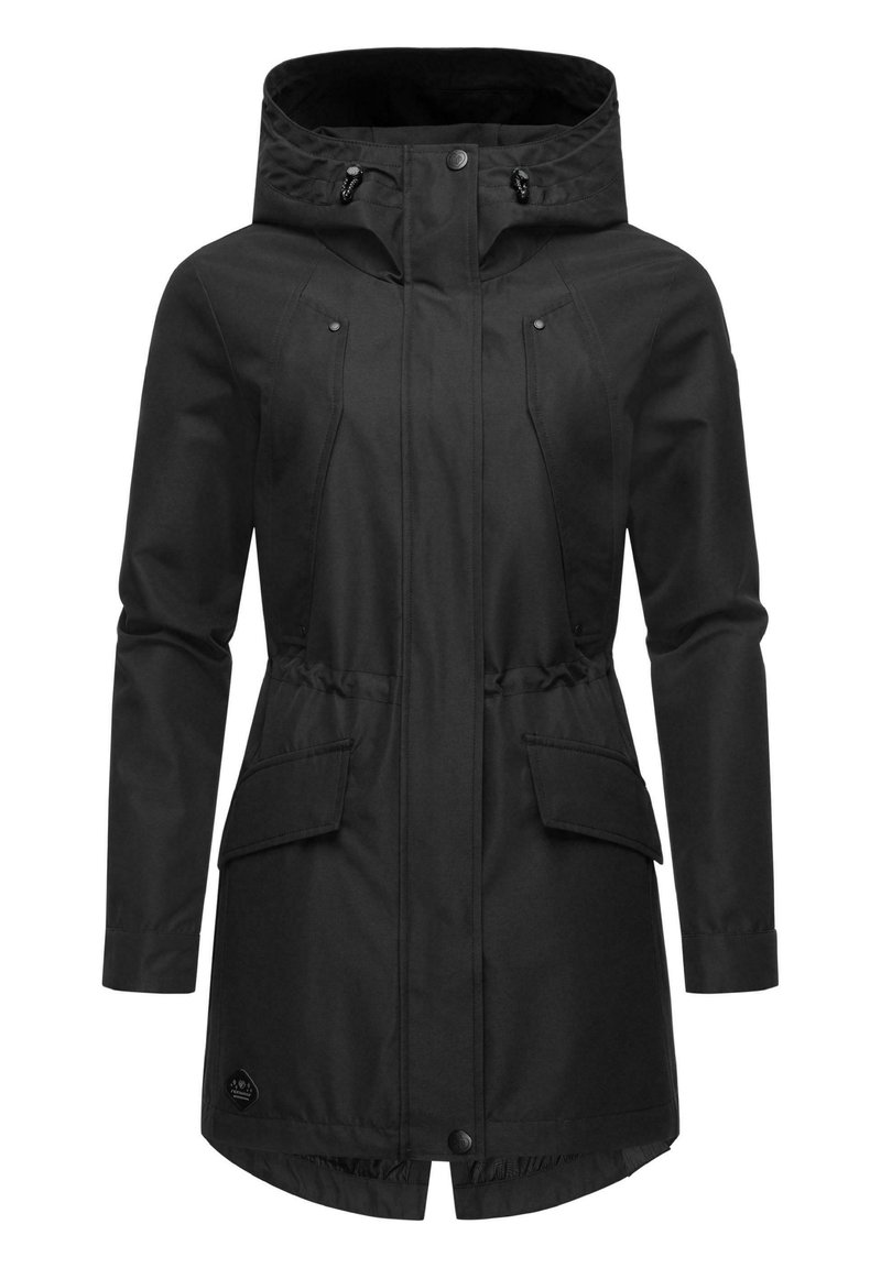 Černá nepromokavá parka s vypasovaným střihem, nastavitelnou kapucí se stahovací šňůrkou a dvěma velkými předními kapsami. Hladká textura a zapínání na knoflíky.