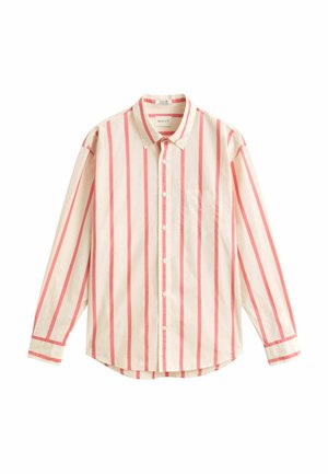 Bloes met knopen en lange mouwen met een crèmekleurige basis en verticale roze strepen, voorzien van een borstzak en een knoopsluiting aan de kraag.