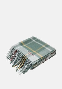 Coperta a quadri verdi realizzata in morbido tessuto con bordi frangiati. Presenta accenti gialli e rossi con logo su un lato.