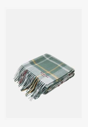 Groene geruite deken van zacht materiaal met franjes langs de randen. Heeft gele en rode accenten met logo aan één kant.